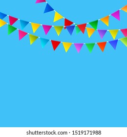 Festive Background, Holiday Colorful Colored Bunting Flags on Blue Background ,  Vector Illustration