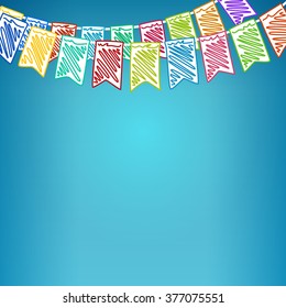 Festive Background, Holiday Colorful Colored Bunting Flags on Blue Background ,  Drawing Crayons or Markers, Vector Illustration