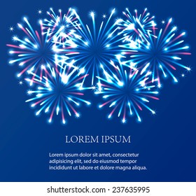 Festive background with holiday fireworks, vector illustration. Celebration vector background, with rockets bursting. Sparkling effect poster with pyrotechnic explode