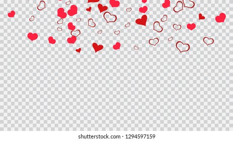 Festive background. The idea of wallpaper design, textiles, packaging, printing, holiday invitation for Valentine's Day. Red on Transparent fond Vector. Red hearts of confetti are flying.