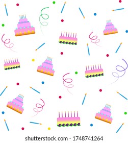 Festive background with the image of cakes, candles, sweets and streamers.
