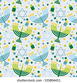 Festive background of the Jewish holiday Hanukkah Seamless pattern with menorah, dreidel, star of David and decorations Vector illustration