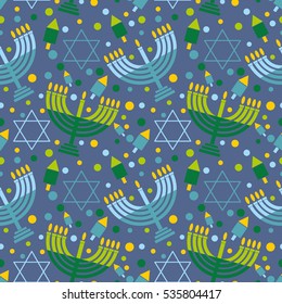 Festive background of the Jewish holiday Hanukkah Seamless pattern with menorah, dreidel, star of David and decorations Vector illustration