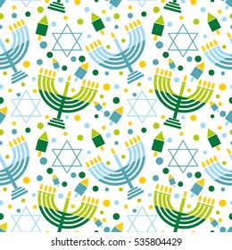 Festive background of the Jewish holiday Hanukkah Seamless pattern with menorah, dreidel, star of David and decorations Vector illustration