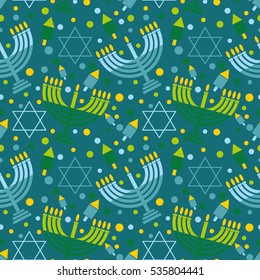 Festive background of the Jewish holiday Hanukkah Seamless pattern with menorah, dreidel, star of David and decorations Vector illustration