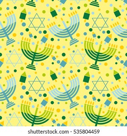 Festive background of the Jewish holiday Hanukkah Seamless pattern with menorah, dreidel, star of David and decorations Vector illustration