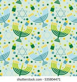 Festive background of the Jewish holiday Hanukkah Seamless pattern with menorah, dreidel, star of David and decorations Vector illustration