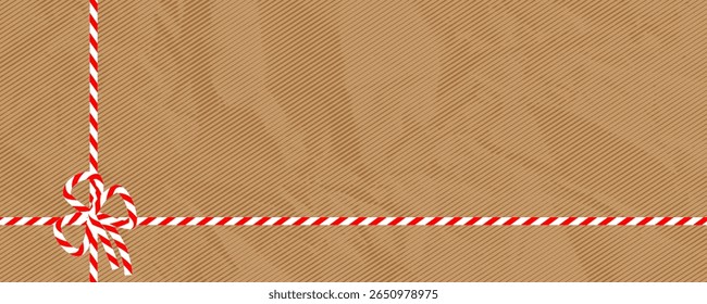 Um fundo festivo com uma textura de papel kraft e uma fita de cana de doce vermelha e branca. Perfeito para presentes de Natal, embalagem de férias e projetos de inverno. Ilustração de vetor