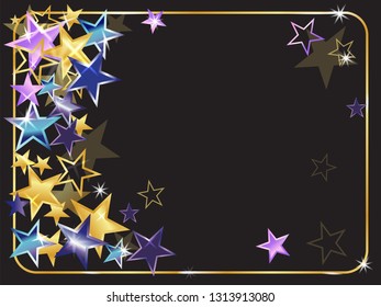Festive background with many-colored shining stars. rasivaya frame for greetings and photos. Bright template for decoration, packaging, flyers, posters.