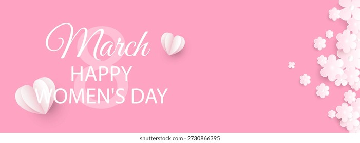 Fundo festivo para 8 de março, Feliz Dia da Mulher. Design de banner com texto, corações e flores em um fundo rosa. Vetor EPS 10