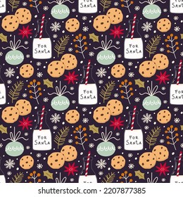Festive background with milk, Christmas cookies, balls, snowflakes, twigs and flowers. Vector seamless pattern. Winter holidays.