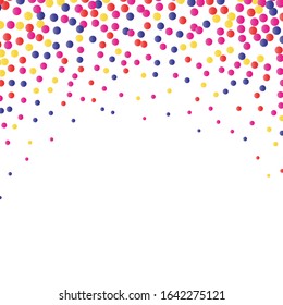 Festive background with multi color confetti. Yellow, pink, red, blue circles on a white background. Flying confetti.