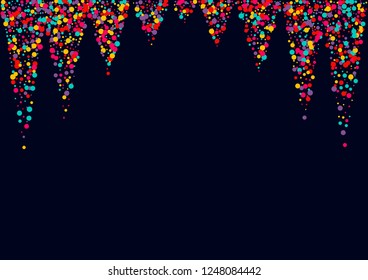 Festive background with multicolored confetti. Yellow, pink, blue circles but against a blue background. Flying confetti.