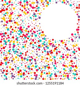 Festive background with multicolored confetti. Yellow, pink, blue circles but against a white background. Flying confetti.