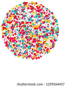 Festive background with multicolored confetti. Yellow, pink, blue circles but against a white background. Flying confetti.