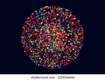 Festive background with multicolored confetti. Yellow, pink, blue circles but against a blue background. Flying confetti.