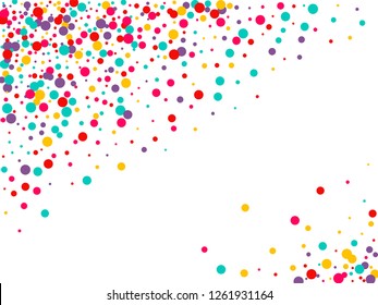 Festive background with multicolored confetti. Yellow, pink, blue circles but against a white background. Flying confetti.