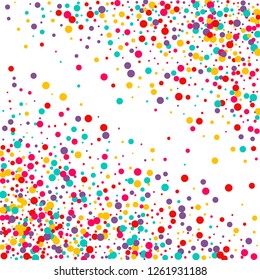Festive background with multicolored confetti. Yellow, pink, blue circles but against a white background. Flying confetti.
