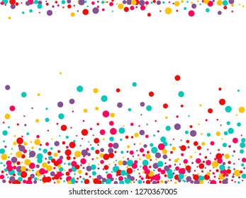 Festive background with multicolored confetti. Yellow, pink, blue circles but against a white background. Flying confetti.