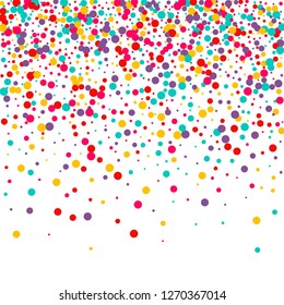 Festive background with multicolored confetti. Yellow, pink, blue circles but against a white background. Flying confetti.