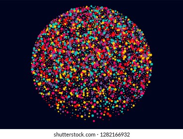 Festive background with multicolored confetti. Yellow, pink, blue circles but against a blue background. Flying confetti.