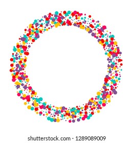 Festive background with multicolored confetti. Yellow, pink, blue circles but against a white background. Flying confetti.