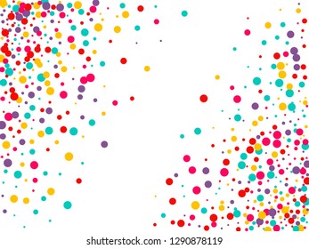 Festive background with multicolored confetti. Yellow, pink, blue circles but against a white background. Flying confetti.