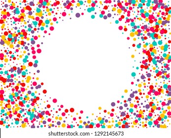 Festive background with multicolored confetti. Yellow, pink, blue circles but against a white background. Flying confetti.