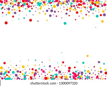 Festive background with multicolored confetti. Yellow, pink, blue circles but against a white background. Flying confetti.