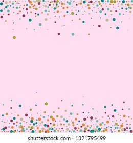 Festive background with multicolored confetti. Yellow, pink, blue circles but against a white background. Flying confetti.