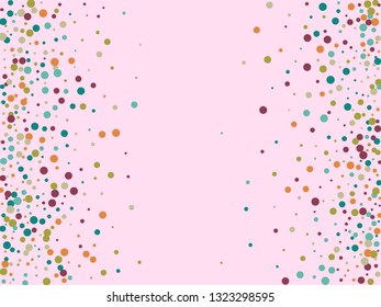 Festive background with multicolored confetti. Yellow, pink, blue circles but against a white background. Flying confetti.