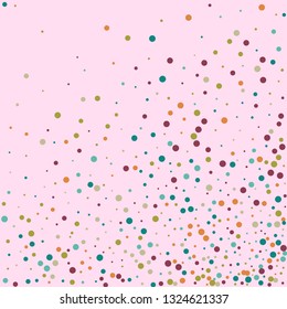 Festive background with multicolored confetti. Yellow, pink, blue circles but against a white background. Flying confetti.