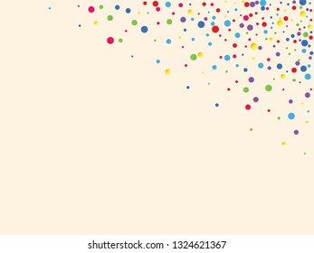 Festive background with multicolored confetti. Yellow, pink, blue circles but against a white background. Flying confetti.