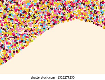 Festive background with multicolored confetti. Yellow, pink, blue circles but against a white background. Flying confetti.