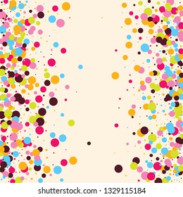 Festive background with multicolored confetti. Yellow, pink, blue circles but against a white background. Flying confetti.