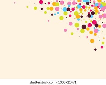 Festive background with multicolored confetti. Yellow, pink, blue circles but against a white background. Flying confetti.