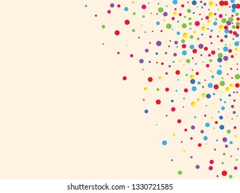 Festive background with multicolored confetti. Yellow, pink, blue circles but against a white background. Flying confetti.
