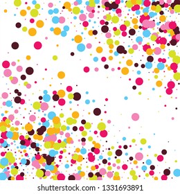 Festive background with multicolored confetti. Yellow, pink, blue circles but against a white background. Flying confetti.