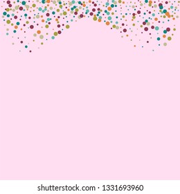 Festive background with multicolored confetti. Yellow, pink, blue circles but against a white background. Flying confetti.