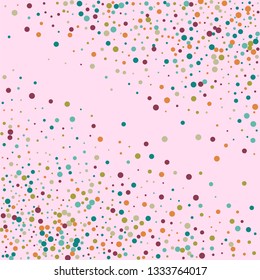 Festive background with multicolored confetti. Yellow, pink, blue circles but against a white background. Flying confetti.