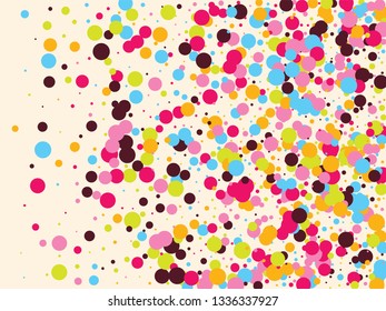 Festive background with multicolored confetti. Yellow, pink, blue circles but against a white background. Flying confetti.