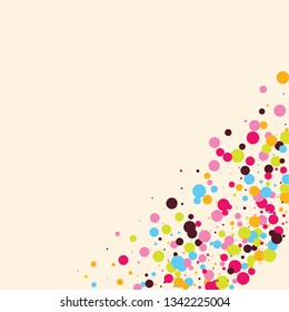 Festive background with multicolored confetti. Yellow, pink, blue circles but against a white background. Flying confetti.