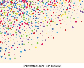 Festive background with multicolored confetti. Yellow, pink, blue circles but against a white background. Flying confetti.