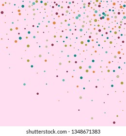 Festive background with multicolored confetti. Yellow, pink, blue circles but against a white background. Flying confetti.
