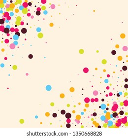 Festive background with multicolored confetti. Yellow, pink, blue circles but against a white background. Flying confetti.