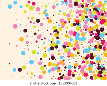 Festive background with multicolored confetti. Yellow, pink, blue circles but against a white background. Flying confetti.