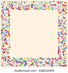 Festive background with multicolored confetti. Yellow, pink, blue circles but against a white background. Flying confetti.