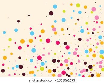 Festive background with multicolored confetti. Yellow, pink, blue circles but against a white background. Flying confetti.