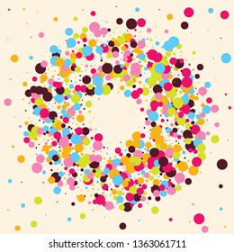 Festive background with multicolored confetti. Yellow, pink, blue circles but against a white background. Flying confetti.