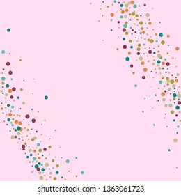 Festive background with multicolored confetti. Yellow, pink, blue circles but against a white background. Flying confetti.